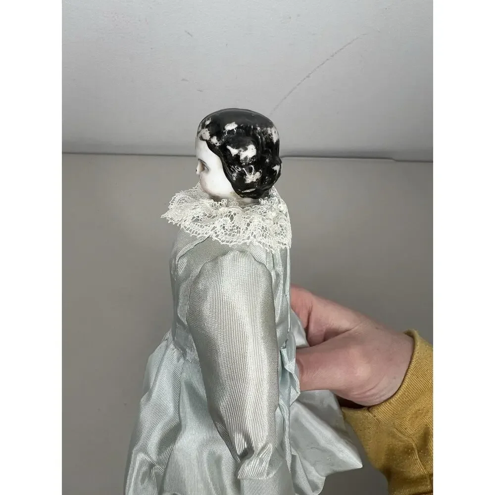 Antique Porcelain Head German China Doll Cloth Body Blue Dress